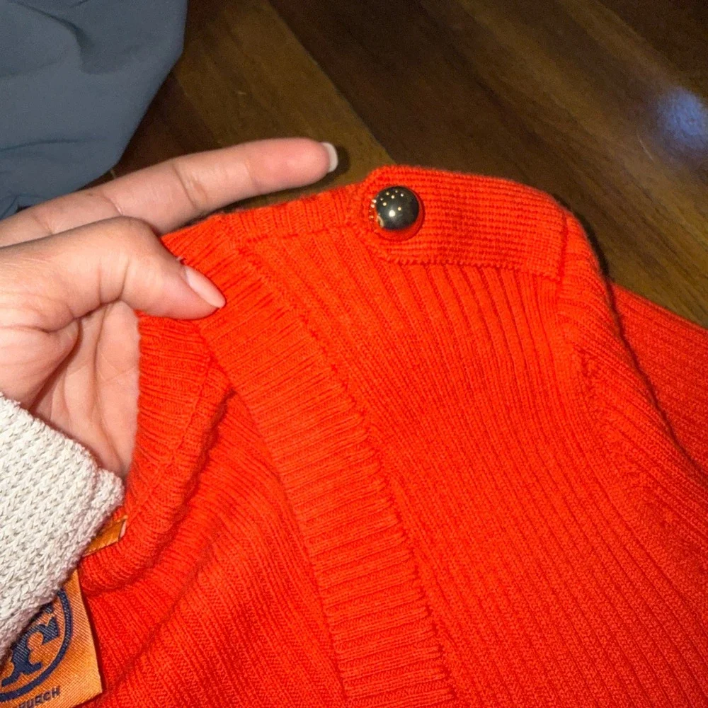 Tory Burch Orange Cashmere Ribbed V-Neck Sweater Elbow Patches Gold Button Large
